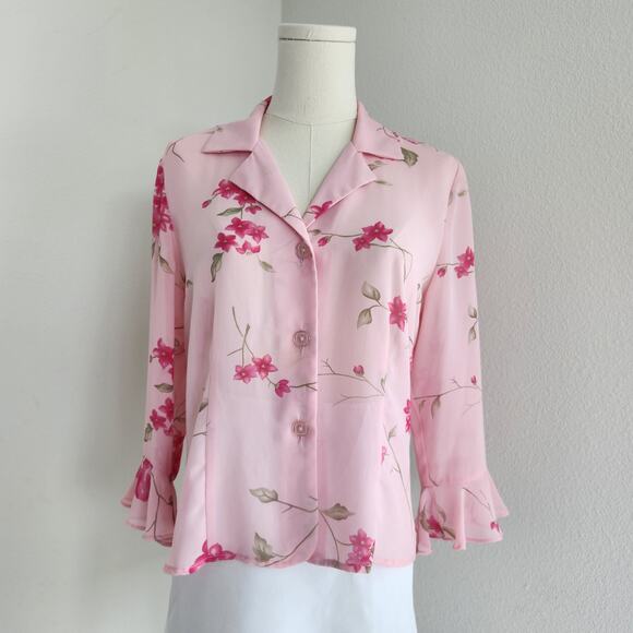 Vintage Y2K Studio I Pink Floral Sheer Button Down Blouse Tie Back S/M - Picture 1 of 10